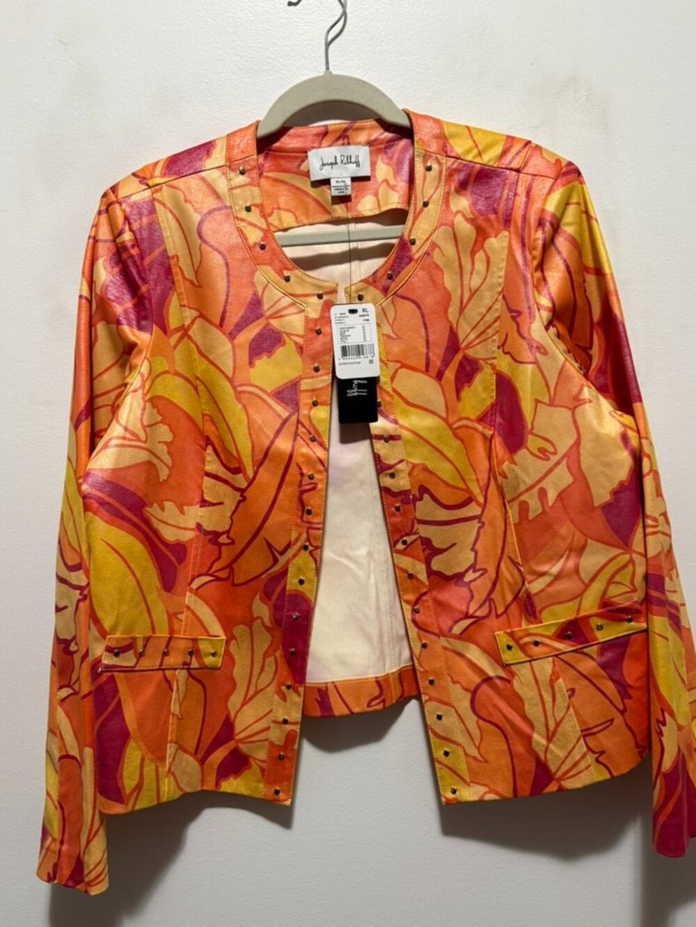 $249 Joseph Ribkoff NWT Abstract Floral Jacket XL Peach Orange Yellow Studded